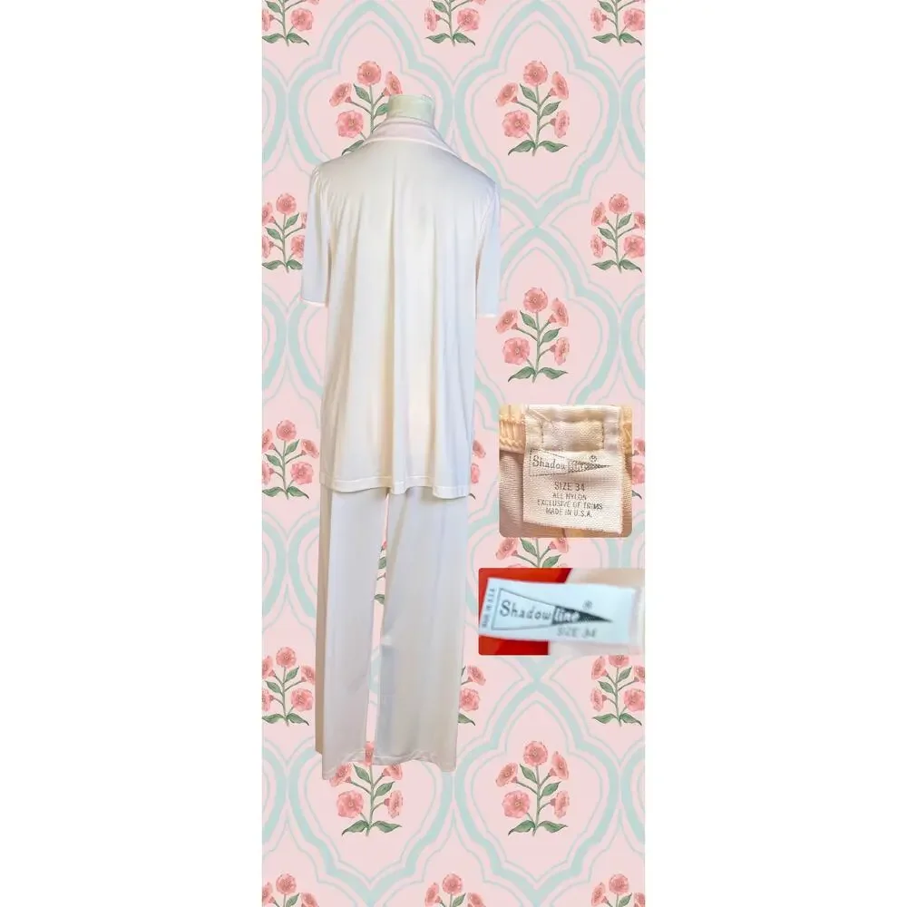 Vintage 70s Shadowline Pink Floral Lace Top Wide leg Pant Pajama Set Size 34/S